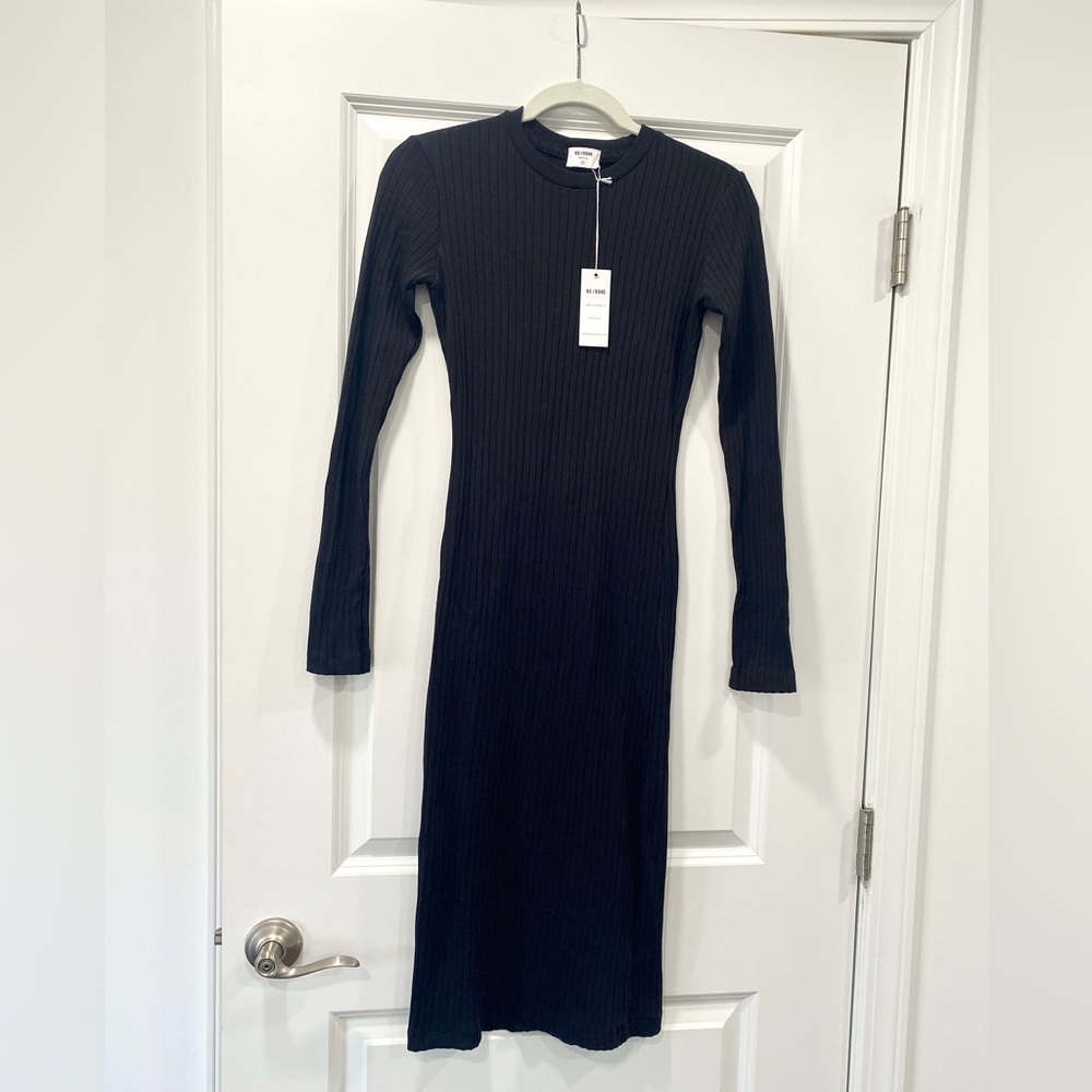 Re/done Black Ribbed Long Sleeve Dress